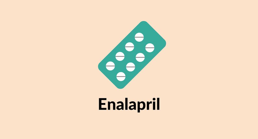 A green and white illustration of a pill packet with the word enalapril written below it.