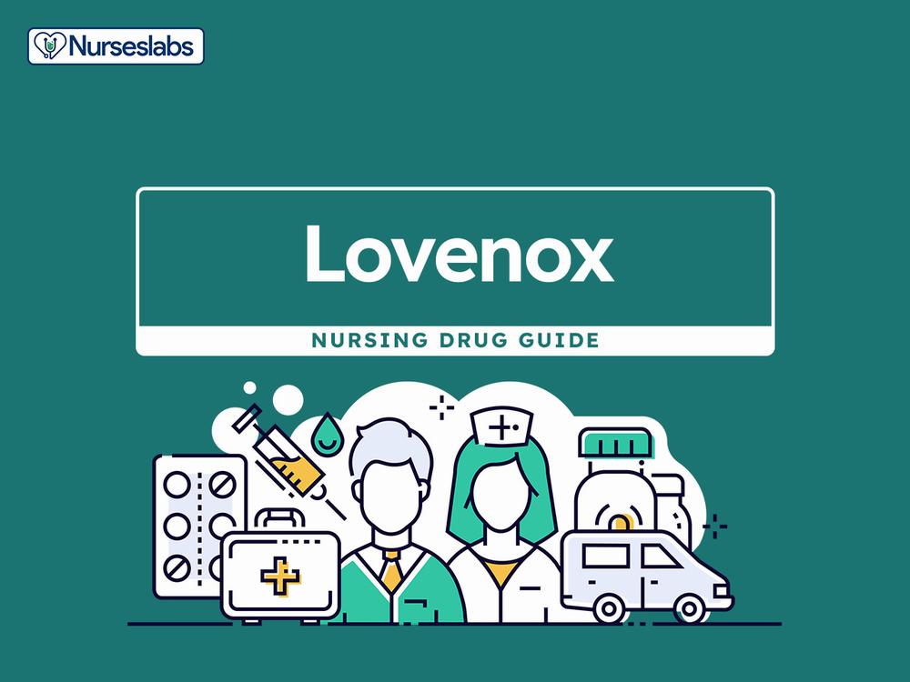 A green background with the word Lovenox in white text, and two people in white coats with a medical bag and pills.