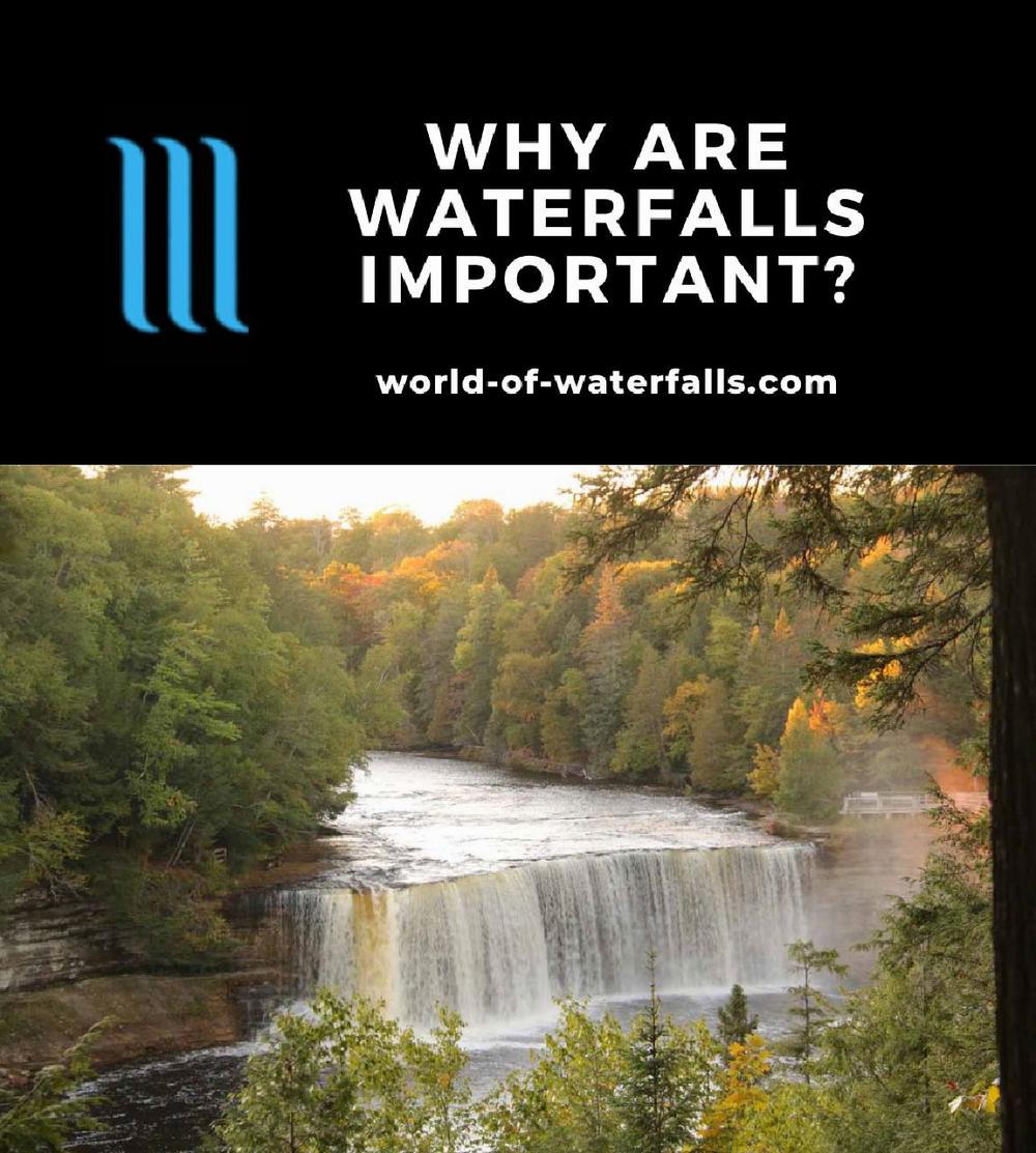 The image shows a waterfall in a forest with the text Why are waterfalls important?