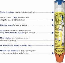 An image of an EpiPen, a medical device used to treat anaphylaxis, with a list of its features.