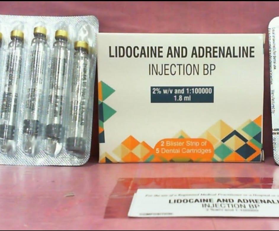 A box of 5 dental cartridges of 1.8ml 2% lidocaine and adrenaline injection BP, a local anesthetic.