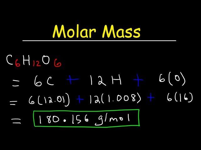 The image shows the calculation of the molar mass of glucose (C6H12O6), which is 180.156 g/mol.