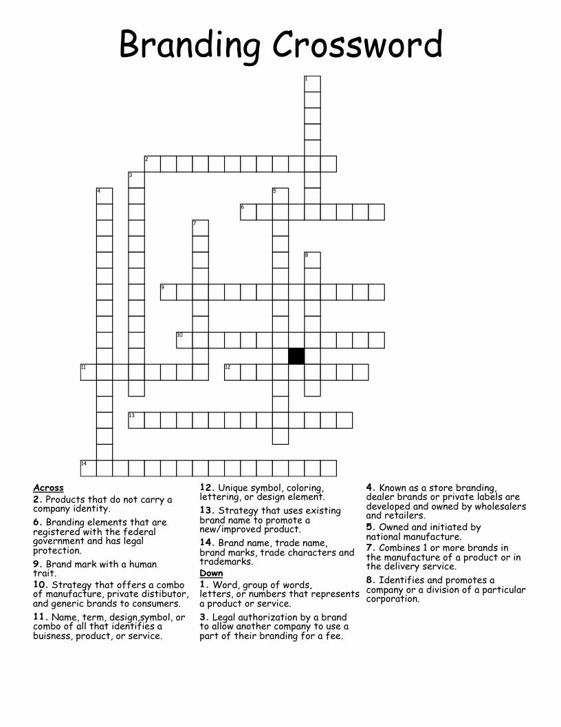 Branding Crossword Puzzle about brand identity, brand marks, brand name, trademark, private distributor, generic brands, unique symbol, and more.