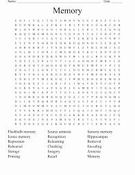 A word search puzzle with the words memory, hippocampus, encoding, storage, retrieval, priming, recognition, recall, and forgetting highlighted.