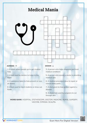 A medical-themed crossword puzzle with a stethoscope in the upper left corner.