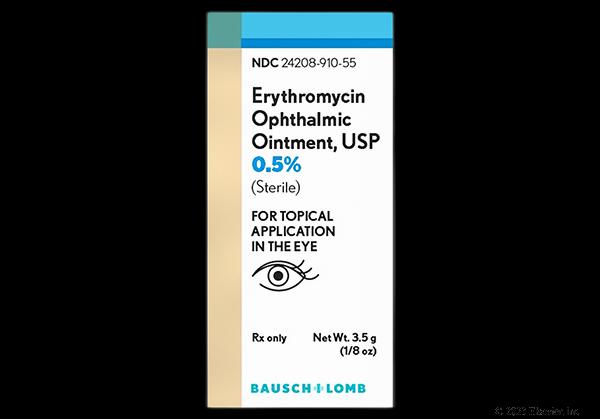 A blue and white box of erythromycin ophthalmic ointment, an antibiotic medication used to treat eye infections.