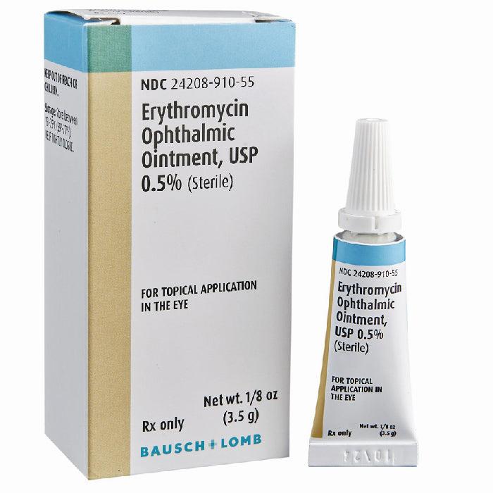 A box and tube of Erythromycin ophthalmic ointment.