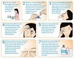 A diagram showing how to apply eye drops, including washing hands, removing the cap, and squeezing the bottle to release one drop at a time.