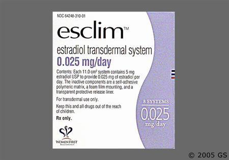 A purple and white box of Esclim 0.025 mg/day, a transdermal estradiol system.
