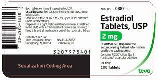 A prescription label for a bottle of 100, 2mg estradiol tablets.