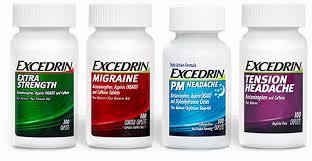 Four bottles of Excedrin, a pain reliever, in different colors.