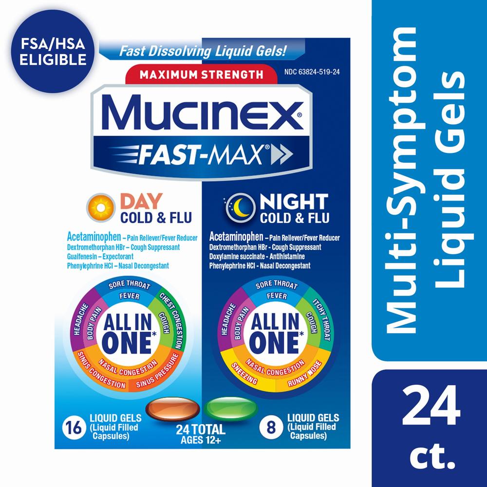 A box of Mucinex Fast-Max liquid gels, a medication for cold and flu symptoms.