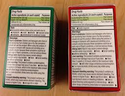 Drug Facts label on the left is for Naproxen Sodium Tablets, 220mg, the one on the right is for Ibuprofen Tablets, 200mg.