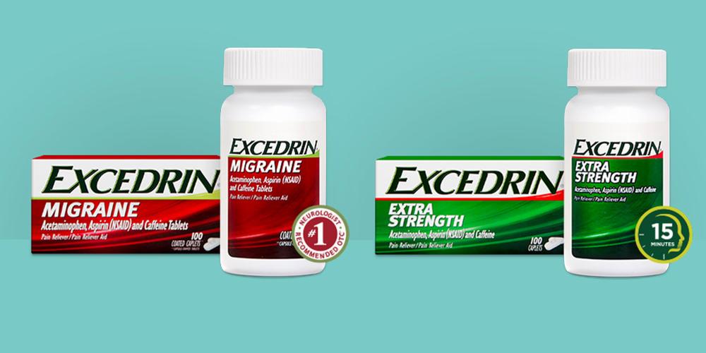 A product shot of three boxes of Excedrin, a medication used to relieve pain.