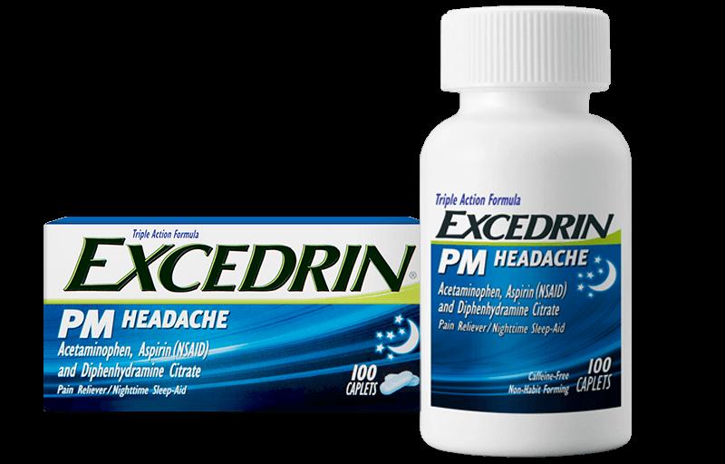 A bottle of Excedrin PM Headache caplets next to its box.
