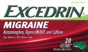 A green and red box of Excedrin Migraine relief tablets.