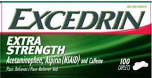 A green and red box of Excedrin Extra Strength pain reliever caplets.