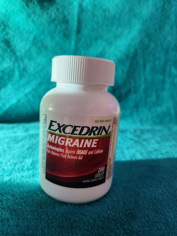A white bottle of Excedrin Migraine pain reliever caplets.