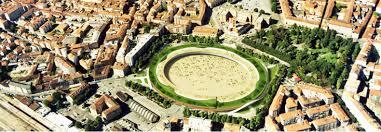 An aerial image of the Roman amphitheater in Verona, Italy.