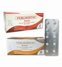 A box of Febuxostat tablets, a medication used to treat gout.