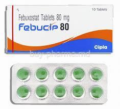 A box of Febustat tablets 80mg, which is used to treat gout.