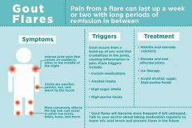 A diagram showing the symptoms, triggers and treatments for gout.