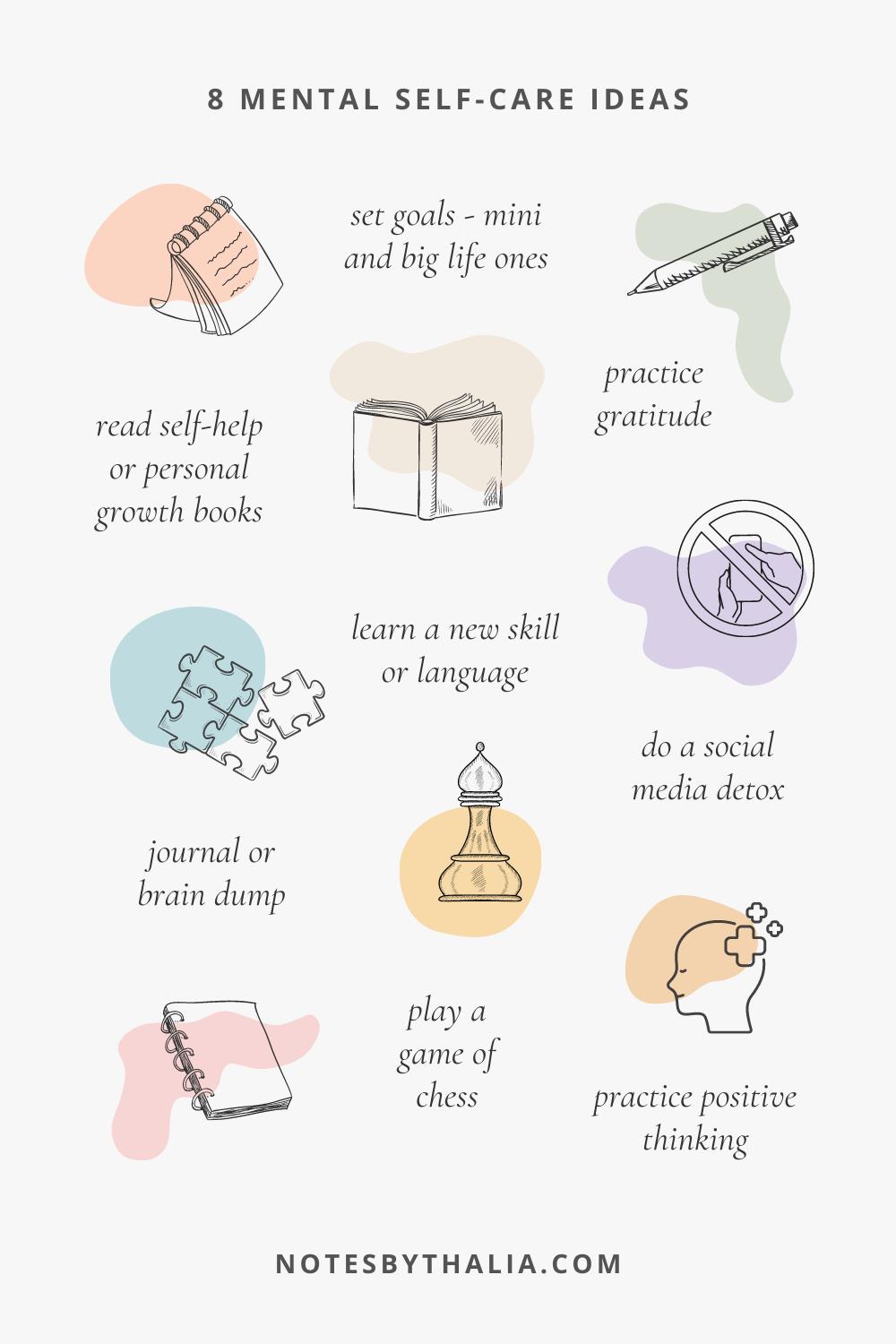 A set of eight mental self-care ideas including reading self-help books, setting goals, practicing gratitude, learning a new skill, doing a social media detox, journaling, playing chess, and practicing positive thinking.