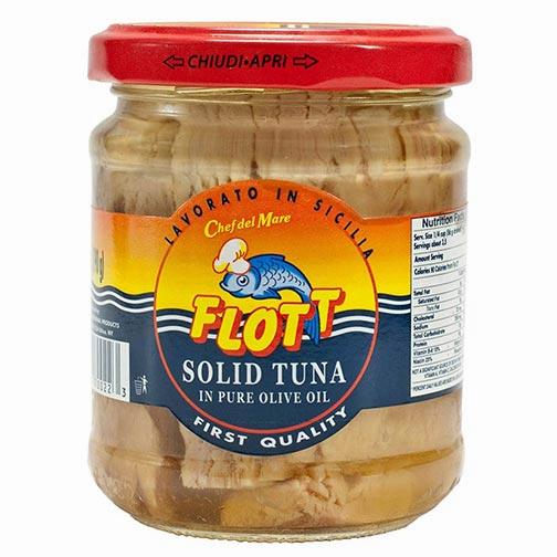 A jar of Flott brand solid tuna in pure olive oil.