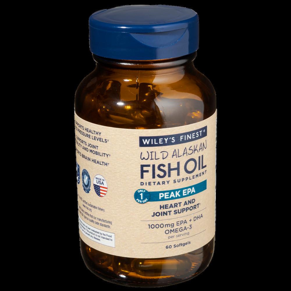A brown bottle of Wileys Finest Wild Alaskan Fish Oil dietary supplement, which contains 60 softgels.