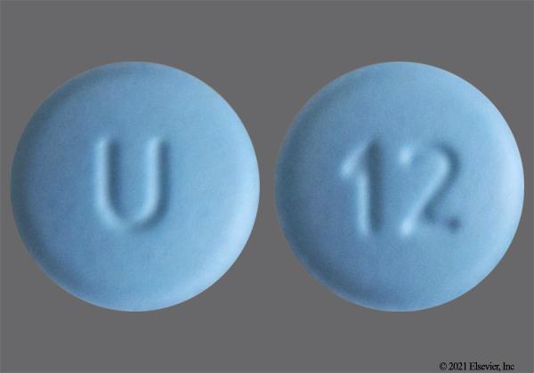 A blue round pill with a U on one side and a 12 on the other.