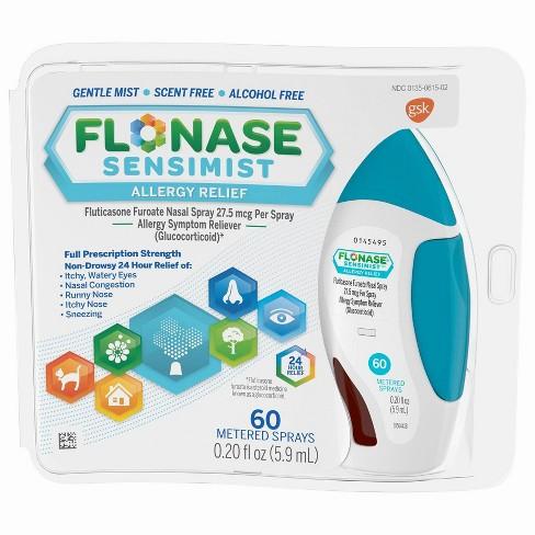 A box of Flonase Sensimist Allergy Relief, a nasal spray containing fluticasone furoate, a corticosteroid.