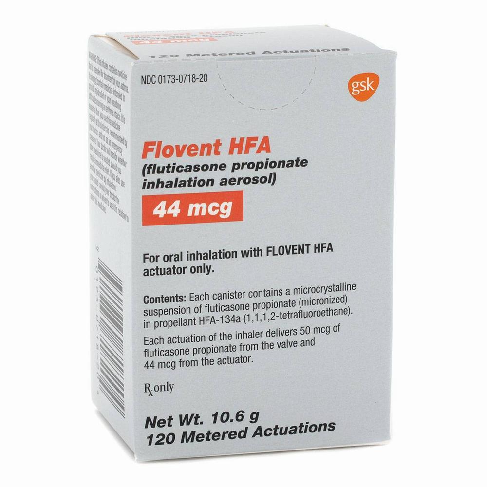 A box of Flovent HFA, a prescription medication used to treat asthma and COPD.