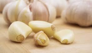 Peeled garlic cloves sit in front of a whole bulb of garlic.
