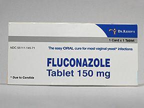A white and blue box of antifungal medication, labeled with the drug name Fluconazole and the dosage 150 mg.
