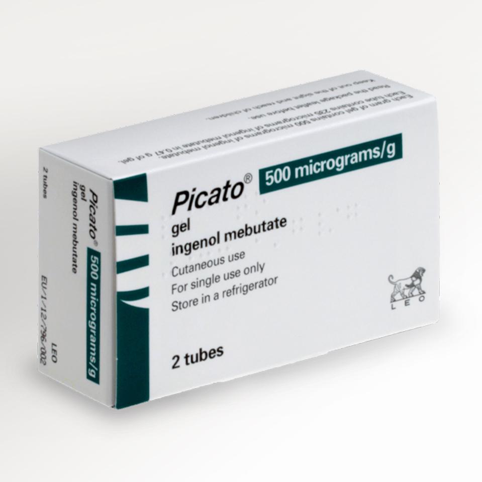 A box of Picato 500 micrograms/g gel, ingenol mebutate, for cutaneous use, with 2 tubes.