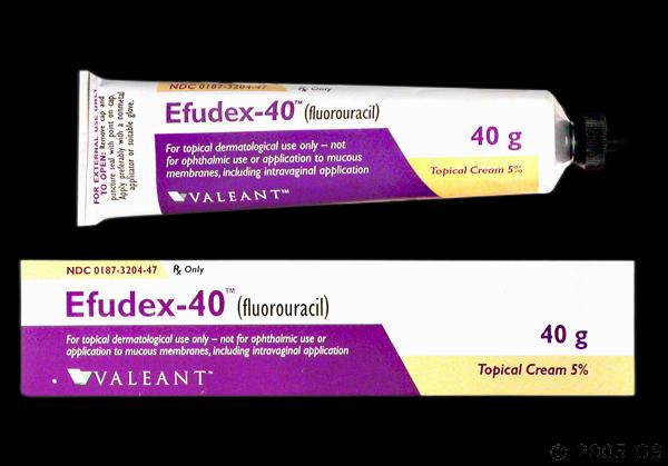 A box and tube of Efudex cream 5%, a topical medication used to treat skin conditions.