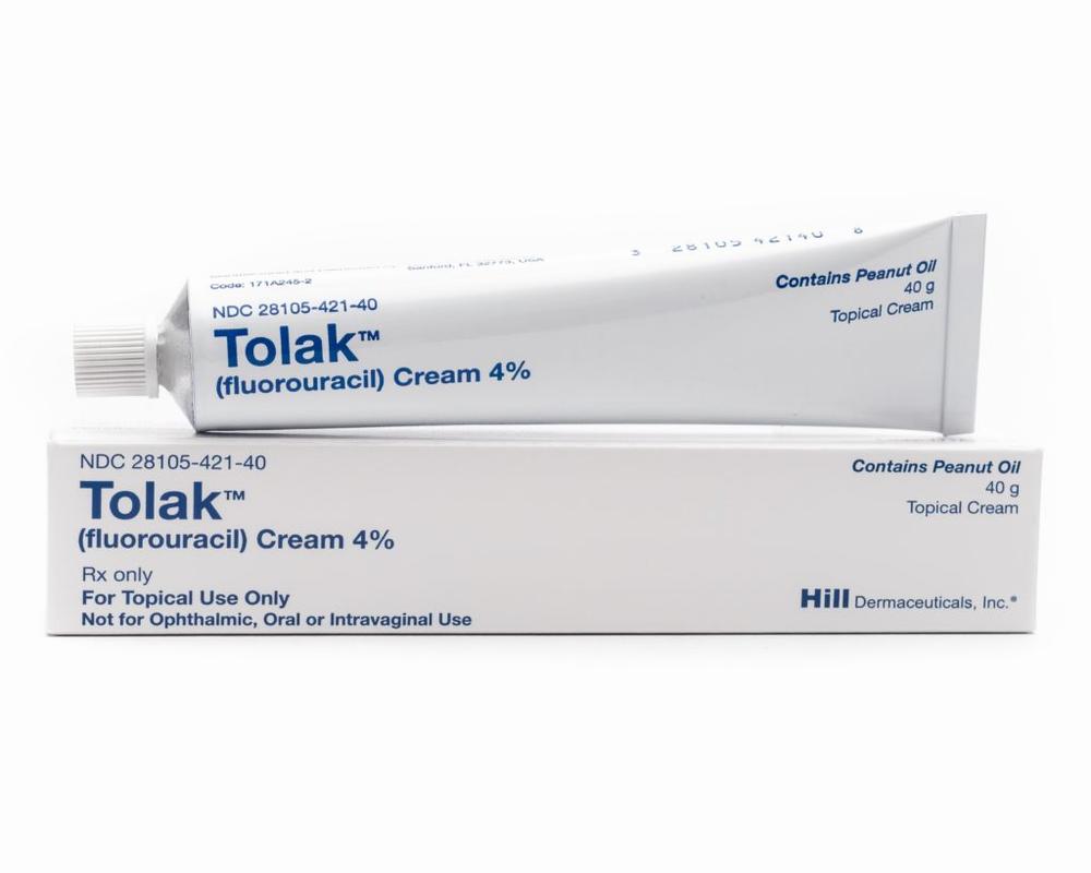 A box of Tolak cream, a topical cream that contains 4% fluorouracil and 40g of peanut oil.