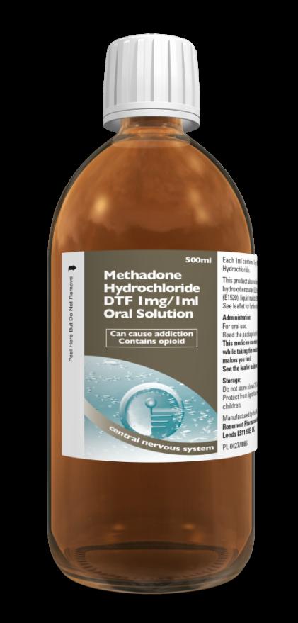 A brown glass bottle of methadone hydrochloride oral solution, a medication used to treat opioid addiction.