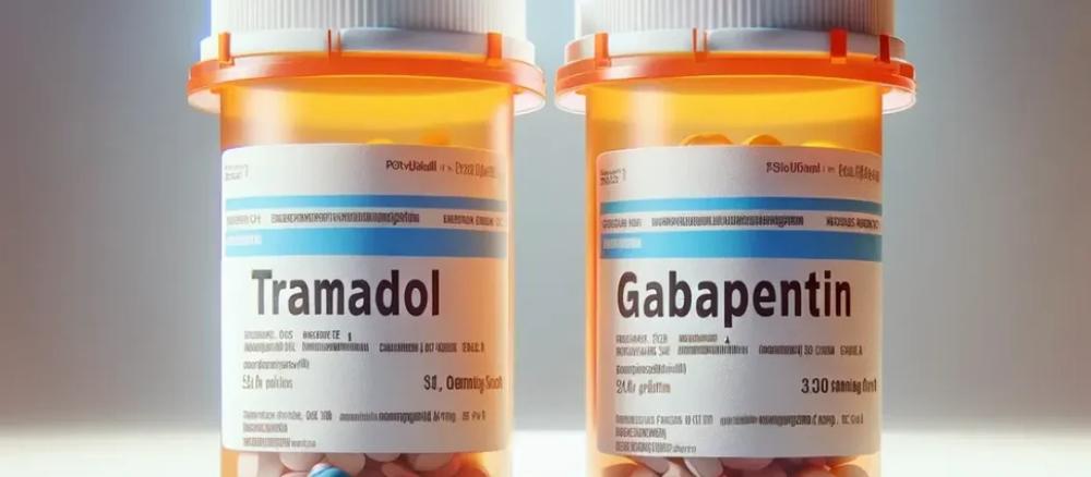 Two prescription pill bottles, one labeled Tramadol and the other Gabapentin.