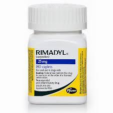 A white bottle of Rimadyl 25mg caplets, a non-steroidal anti-inflammatory drug.