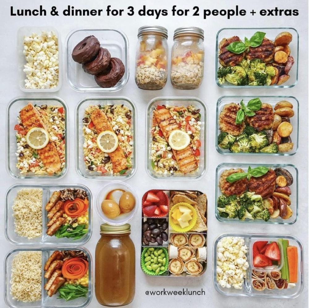 A variety of meal prep containers filled with food for lunches and dinners for two people for three days, plus extra snacks.