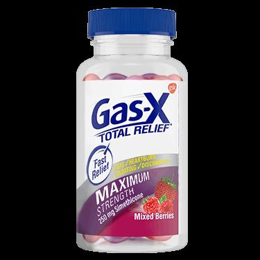 A bottle of Gas-X Total Relief Maximum Strength Simethicone, a medication for gas relief, heartburn, and bloating.