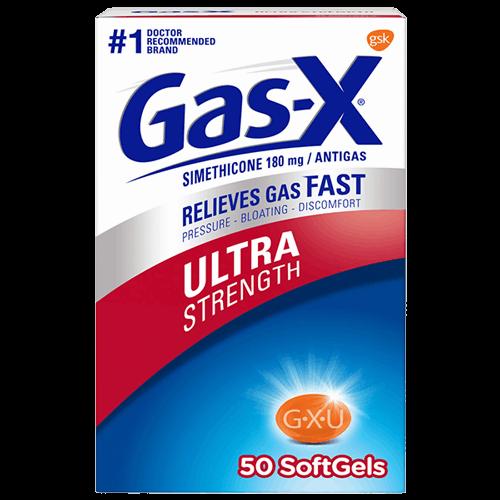 A box of Gas-X Ultra Strength Simethicone Softgels, a medication used to relieve gas pressure, bloating, and discomfort.
