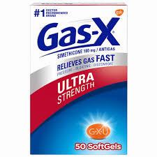 A red and blue box of Gas-X Ultra Strength softgels, which relieve gas fast.