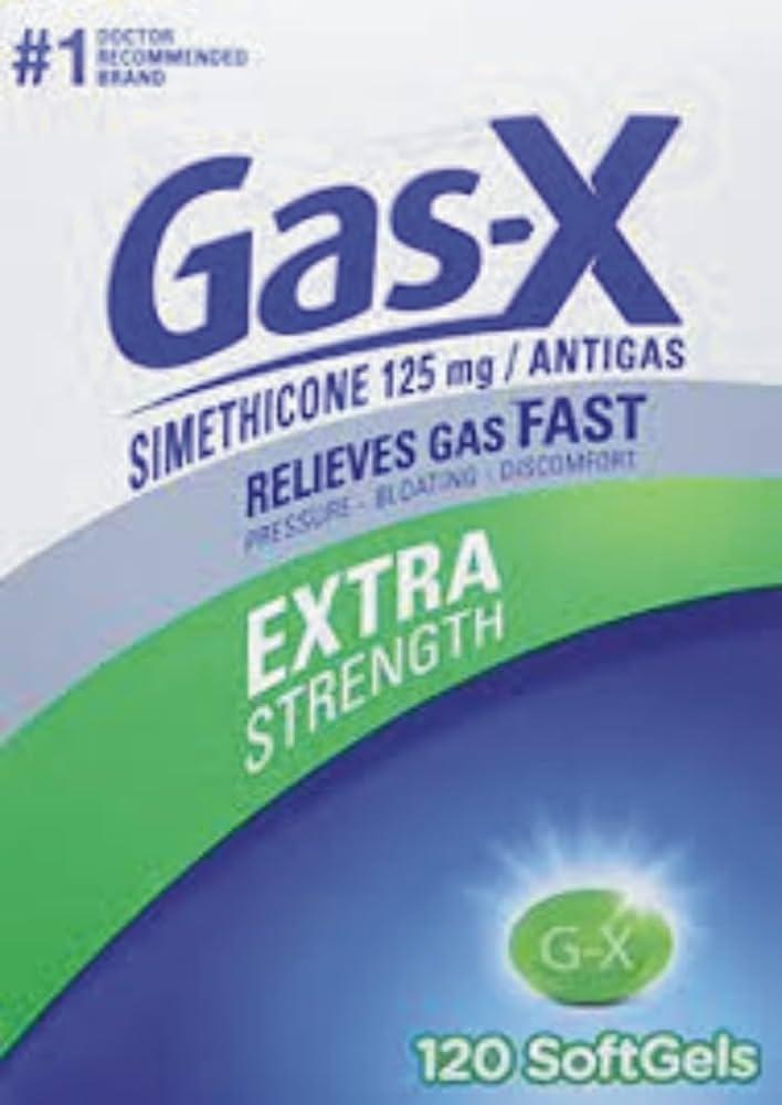A box of Gas-X Extra Strength softgels, which provide fast relief from gas, pressure, bloating, and discomfort.
