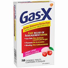 A box of Gas-X cherry creme chewable tablets for fast relief of gas pain, pressure and bloating.