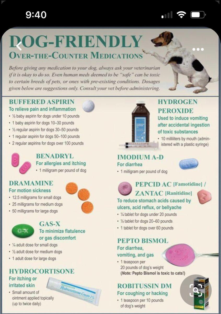 A chart of over-the-counter medications that are safe for dogs, including the recommended dosage for each medication.
