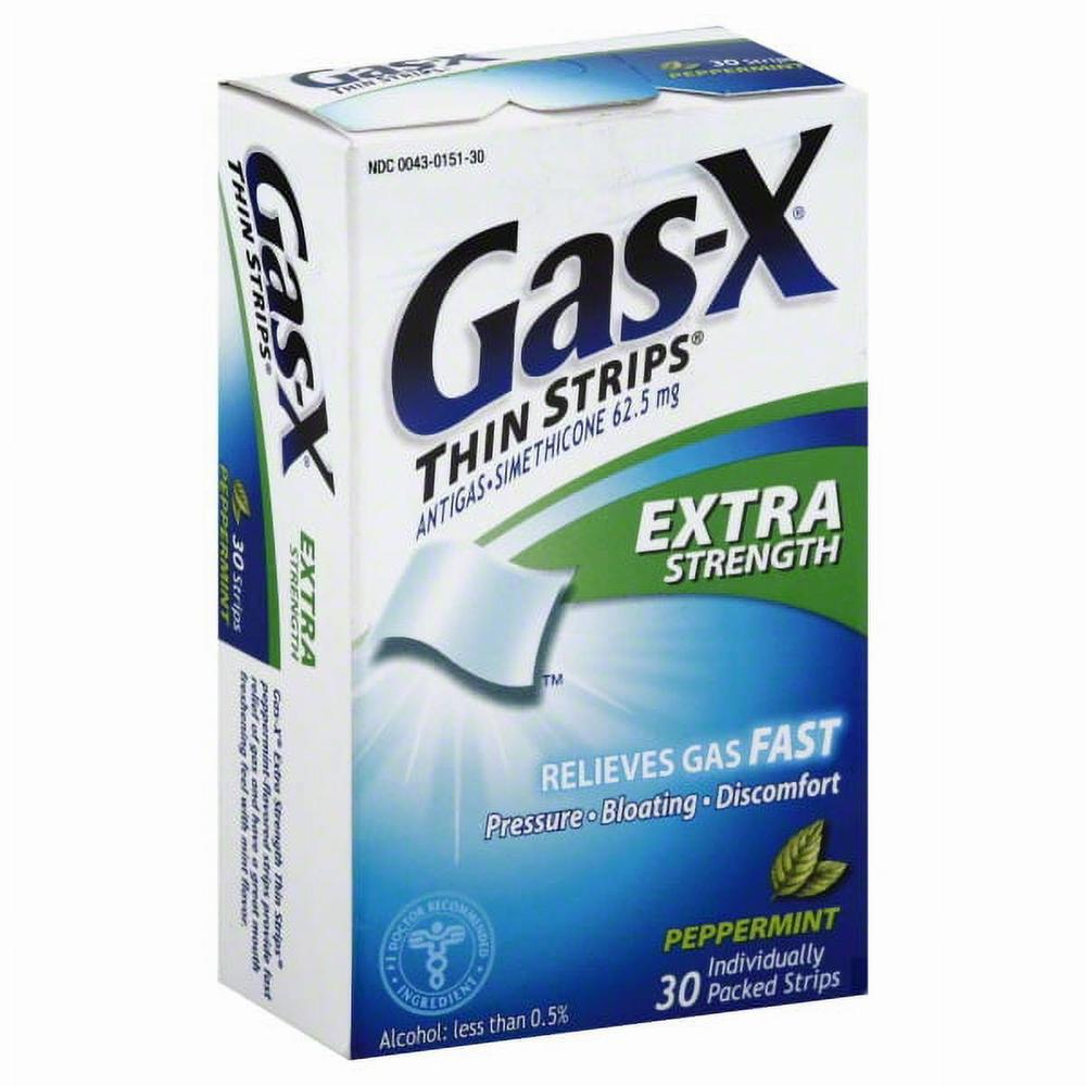 A box of Gas-X Extra Strength Thin Strips, a peppermint-flavored antigas medication.
