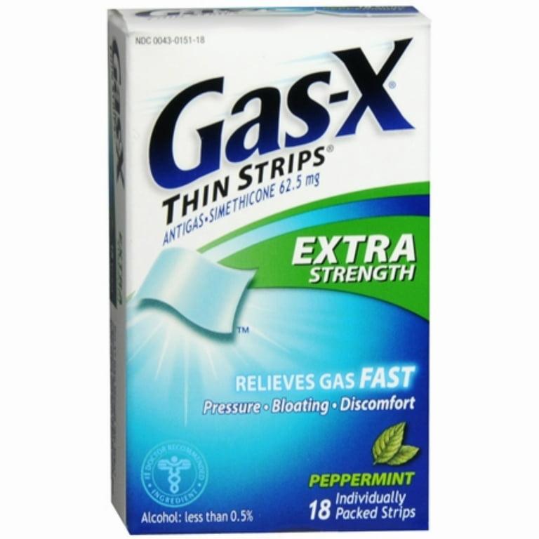 A box of Gas-X Extra Strength Thin Strips, a peppermint-flavored antigas medicine.