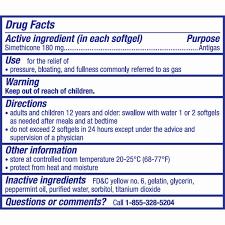 Drug facts for Simethicone softgels, an antigas medication.